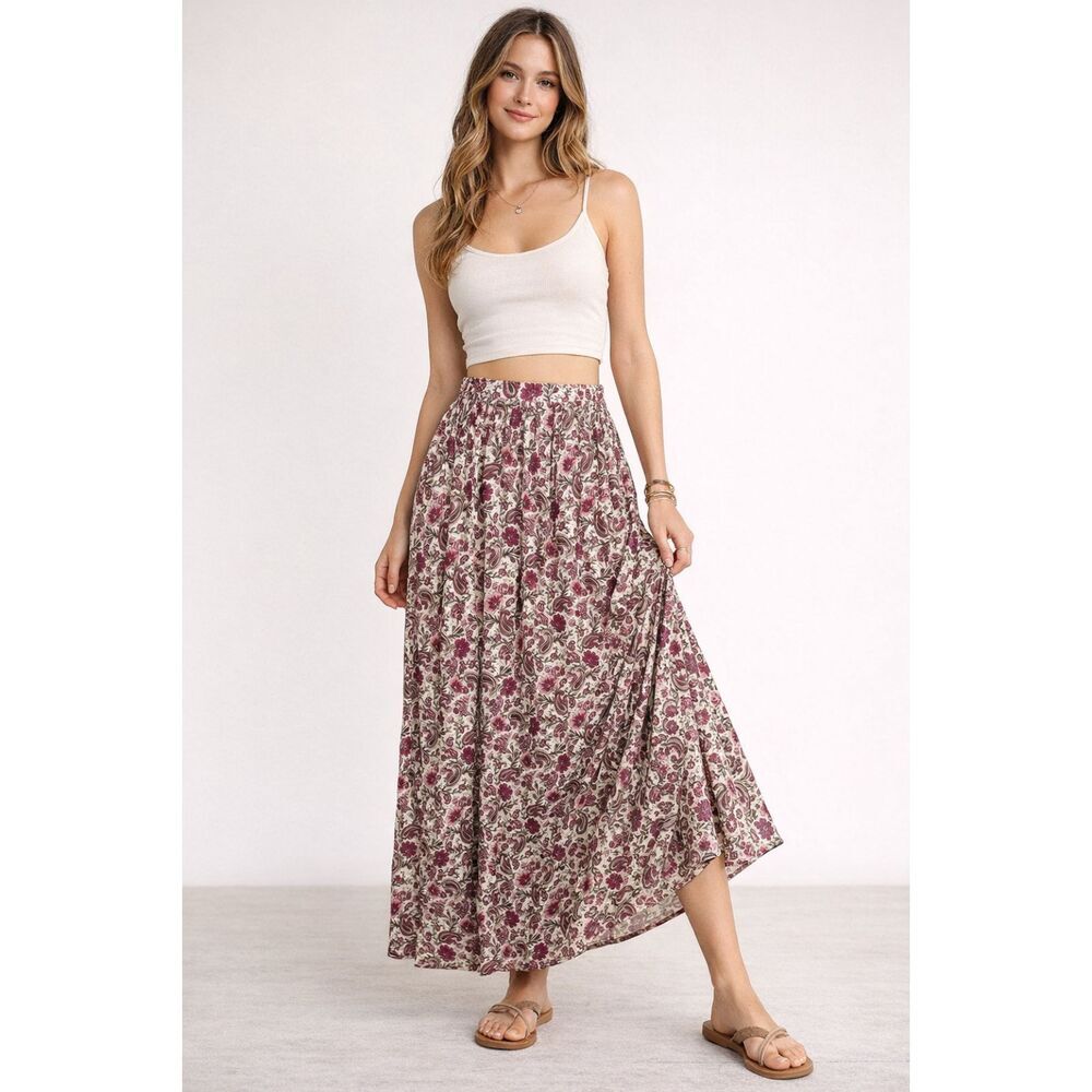 Patrons of Peace Floral Maxi Skirt in Cream and Burgundy